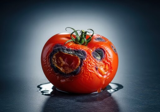 An overripe and spoiled red tomato resting on a kitchen surface, demonstrating the process of decomposition and food waste in preparation, moisture, deteriorated, spoiled