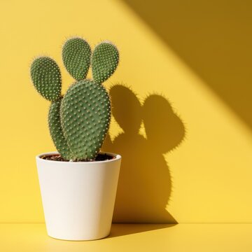 Cute Opuntia cactus with tiny glochids, often called bunny ears, planted in a simple white pot against a vivid yellow wall, ceramic, home decor, houseplant