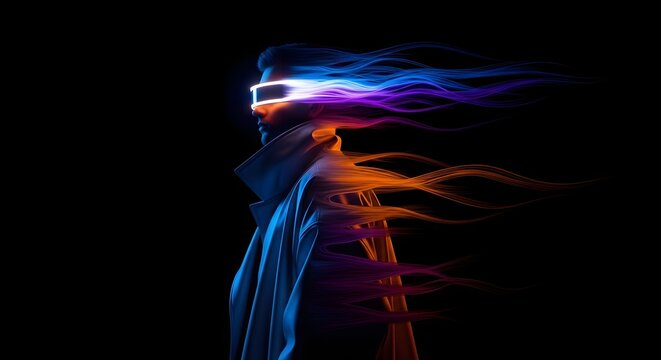 Cyberpunk man in a white coat with glowing energy trails. Futuristic speed and digital connectivity. Side profile of a male character wearing a neon visor in a dark environment