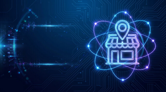 Futuristic digital market storefront icon with location pin marker glowing on dark blue circuitry background with integrated data connectivity systems for smart online business