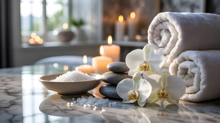 Obraz premium Luxury Spa Wellness Still Life with Orchid Flowers and Rolled Towels or Stones.