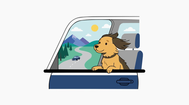 Happy dog enjoys a scenic car ride through mountains and forests vector style