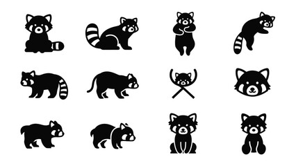 Obraz premium Diverse red panda silhouette icon set in minimalist black style.