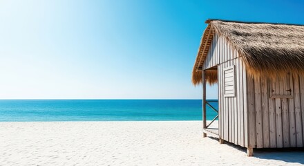 Fototapeta premium Rustic beach hut structure on bright white sand facing the vast blue ocean under a clear sunny sky, perfect coastal escape, wooden, horizon, blue