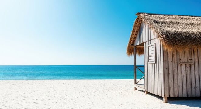 Rustic beach hut structure on bright white sand facing the vast blue ocean under a clear sunny sky, perfect coastal escape, wooden, horizon, blue