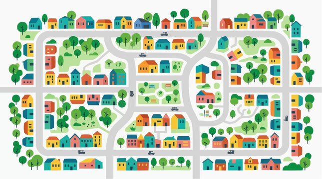 Colorful illustration of a suburban neighborhood with houses streets and trees vector style