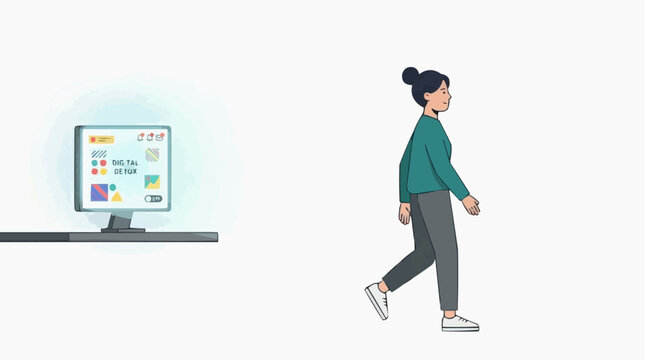 Woman walking away from computer screen displaying digital detox concept vector style