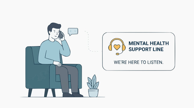 Man talking on phone to mental health support line with headset icon and text we are here to listen vector style