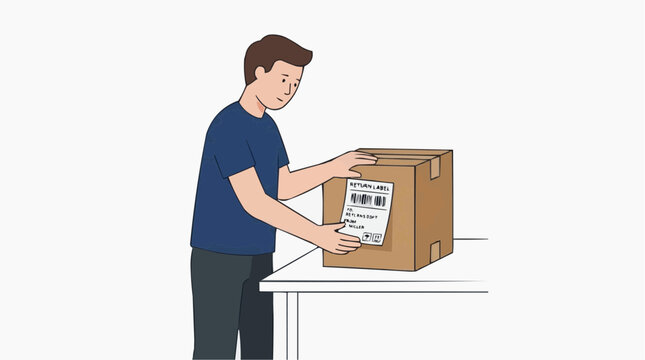 Man applying return label to a cardboard box on a table vector style