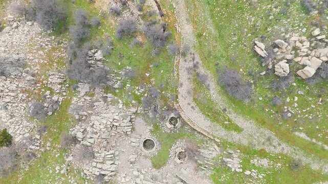 Drone footage from above showing historic WWII trenches and rocky terrain at Qattin Azar in Baskinta, Lebanon, revealing the site&rsquo;s wartime landscape.