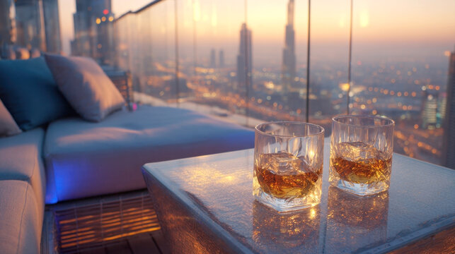 Two glasses of luxury whiskey with ice cubes on a rooftop lounge table overlooking a golden sunset city skyline with skyscrapers for upscale nightlife social leisure and vacation atmosphere