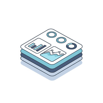 Stack of isometric charts and graphs representing business data analysis and reports.