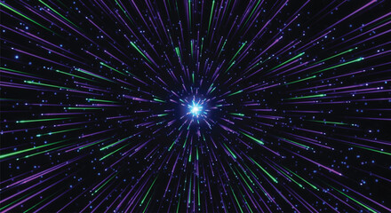 Fototapeta premium Abstract neon purple and green light speed effect with glowing rays and particles moving through dark space for vibrant futuristic motion graphics and modern digital art backgrounds.