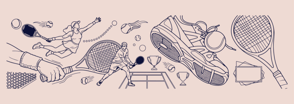 Tennis sports and gear sketch, professional athletic match line art, tennis racket and shoe icons, athletic performance sports graphics, tennis court action illustration, monochrome sports equipment v