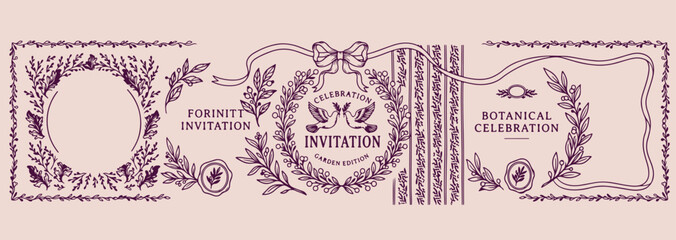 Celebration bow and floral wreath, elegant invitation border design, festive wreath with ribbon graphics, classic celebratory border vector art, detailed floral wreath frame, sophisticated event invit © Geetaroy