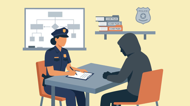 Police officer interviewing a suspect in a room.