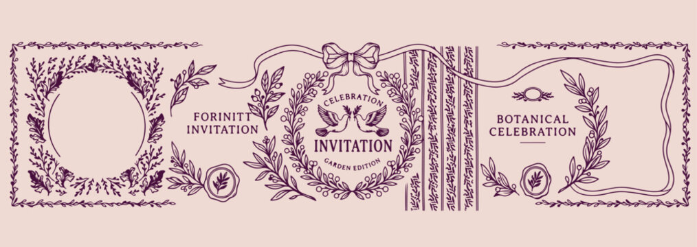 Celebration bow and floral wreath, elegant invitation border design, festive wreath with ribbon graphics, classic celebratory border vector art, detailed floral wreath frame, sophisticated event invit