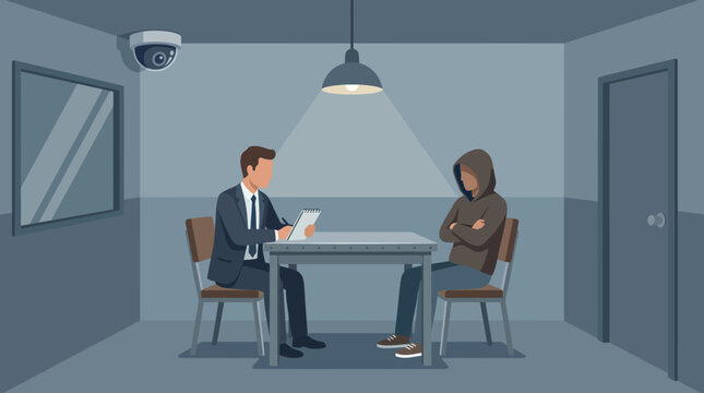 interrogation room with suspect and detective.