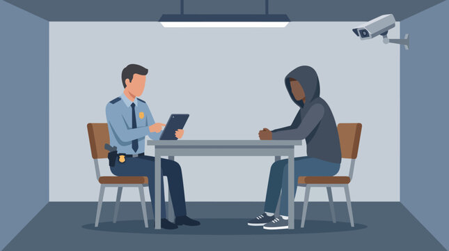 Police officer interrogating a suspect in a room.