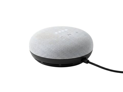 Google nest mini smart speaker isolated on black background