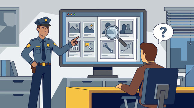Police officer and man analyzing evidence.
