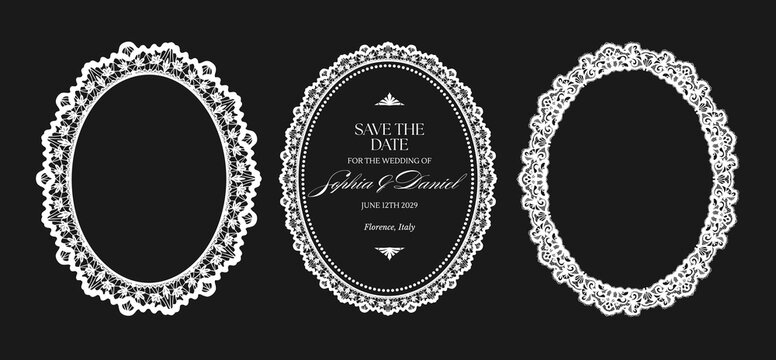 Elegant lace oval frames with vintage ornate borders and floral embroidery patterns, perfect for wedding invitations and decorative baroque designs
