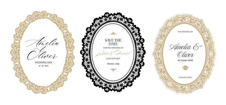 Elegant lace oval frames with vintage ornate borders and floral embroidery patterns, perfect for wedding invitations and decorative baroque designs