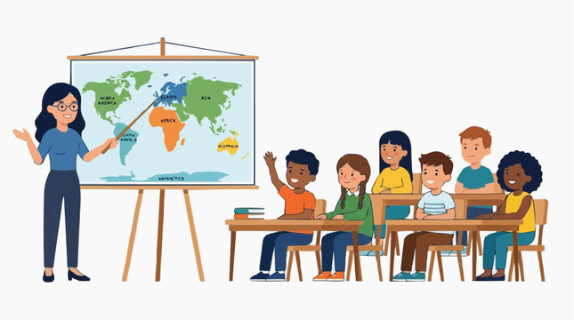 Teacher instructing diverse students about world map in classroom setting vector style