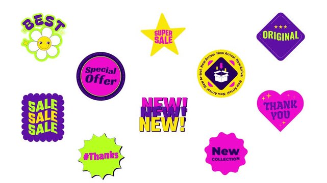 Y2K acid sale sticker pack animated loop. Special offer. Thank you. New arrival. Fashion shop. Badges labels animation. Social media overlay collection. 4K video elements. Playful motion graphics