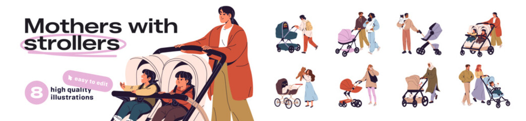 Mothers with baby stroller set. Happy families walk with kids in pram. Parents push carriage with children. Men and women stroll with child pushchairs. Flat isolated vector illustrations on white