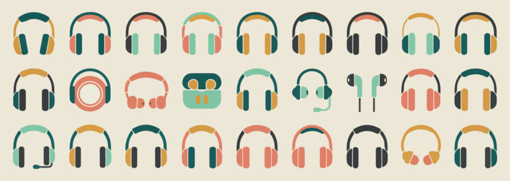 Modern tech headphone seamless pattern, colorful audio gear accessory icons, music listener headset repeat background, electronic gadget lifestyle pattern art, flat design headphone icon set, trendy a
