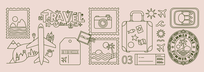 Obraz premium Vintage travel and camera stamps, retro holiday adventure icons, world explorer postal marks set, classic travel luggage and camera art, wandering tourist postage graphics, green monochrome travel sti