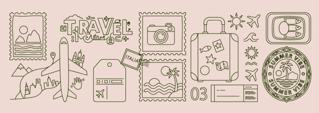 Vintage travel and camera stamps, retro holiday adventure icons, world explorer postal marks set, classic travel luggage and camera art, wandering tourist postage graphics, green monochrome travel sti