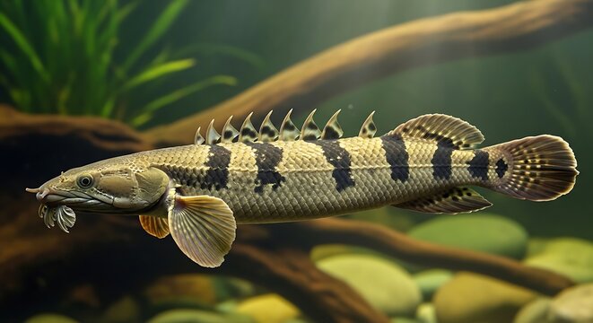Striped Freshwater Fish Swimming Among Driftwood and Aquatic Plant in Aquarium