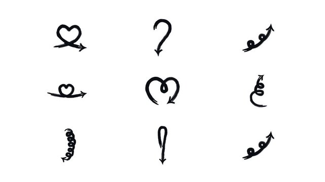 Curved and heart shaped animated bold thick stroke arrows set. Expressive doodle marker pointers animation. Grunge drawn design elements 4K video. Directional rough freehand motion graphics pack