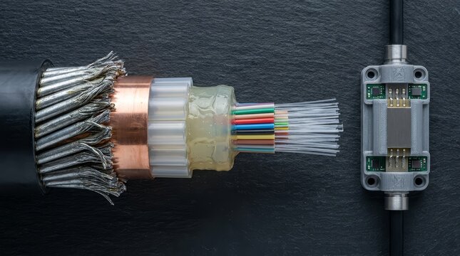 Detailed view of a multi-layered fiber optic cable cross-section revealing colorful strands and an optical splice closure. High-speed internet, telecom technology.