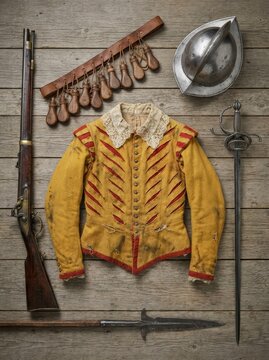 Detailed flat lay of 17th-century European military gear: an ornate doublet, matchlock musket, rapier sword, morion helmet, bandolier, and polearm on rustic wood.