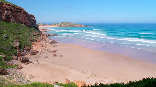 Pristine sandy beach along Robberg Nature Reserve peninsula, high angle view