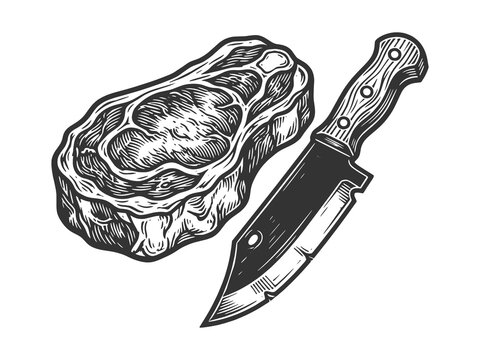 raw beef steak beside a sharp butcher knife for cooking or butchery sketch engraving generative ai raster illustration. Scratch board imitation. Black and white image.