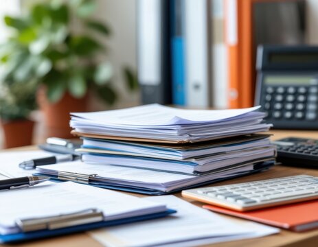 Stacked documents and office supplies on a wooden desk with a calculator, pen, and potted plant in a bright workspace setting
