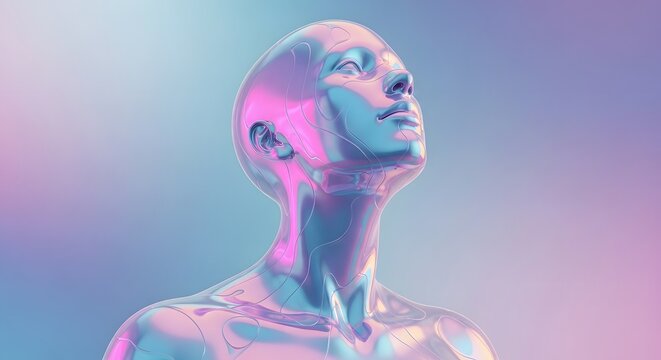 Translucent iridescent human bust looking upward. Ethereal spiritual growth and digital consciousness. Glassy liquid material mannequin sculpture against a pastel gradient background