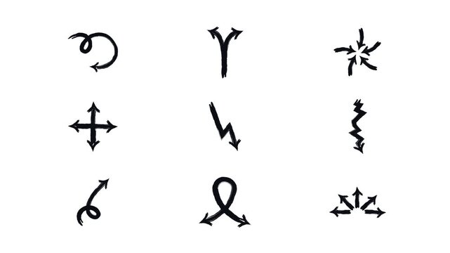 Directional animated bold thick stroke arrows set. Expressive doodle marker pointers animation for highlighting and guiding. Grunge drawn design elements 4K video. Rough freehand motion graphics pack