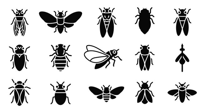 Set of black insect icons featuring various beetles and flying bugs.