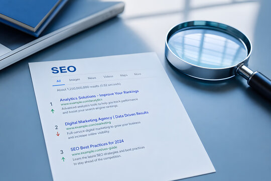 Magnifying Glass Beside SEO Search Results Page