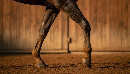 Obraz premium Close up of a palio horse with muddy legs walking on a dirt track during golden hour for an equestrian sport and competition heritage concept, capturing strength and grit