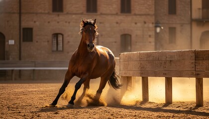 Fototapeta premium Powerful brown horse racing around an obstacle in a dusty arena during the traditional Italian Il Palio horse race event for a competitive heritage concept