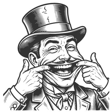 man in a top hat pulling his mouth open into an exaggerated forced smile sketch engraving generative ai fictional character raster illustration. Scratch board imitation. Black and white image.