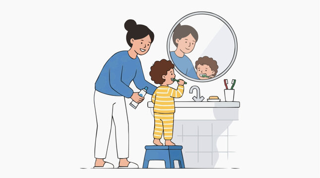Mother helps child brush teeth in bathroom morning routine hygiene illustration vector style