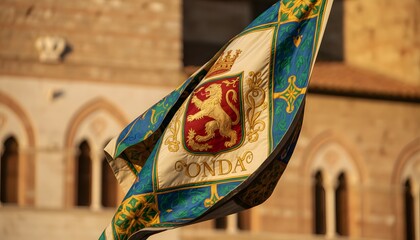 Fototapeta premium Tuscan flag waving during Palio di Siena horse race featuring the Onda contrada crest against medieval architecture for a historical heritage and tradition concept