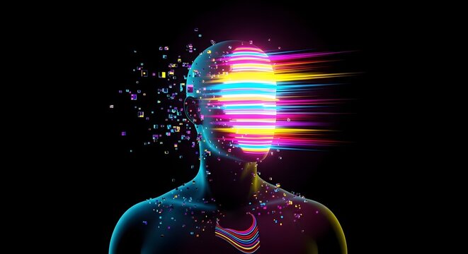 Digital human consciousness and artificial intelligence evolution. Cyberspace and data processing concept. Silhouette of a man with glowing data pixels and light speed trails.